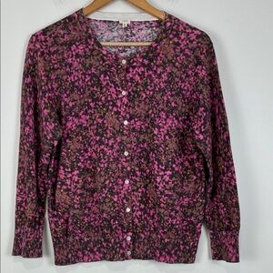 J Crew Women’s XL Cardigan Floral Pink Brown Tight Knit 3/4 Sleeve Crew Neck